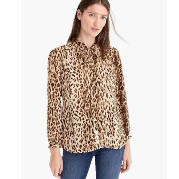 J.Crew Long Sleeve Leopard Print Tie Neck Button Up Shirt Brown Women's Large - Picture 1 of 7